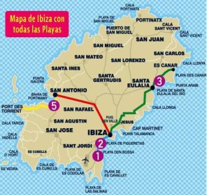 Mapa de Ibiza con playas y atracciones turísticas